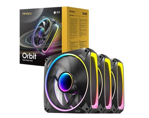 Antec Orbit 120 ARGB 3PK, Extreme Lighting 4 sides & Mirror inward Effect, PWM, 28MM Thickness Focus Airflow 66.72 CFM, FDB 9 Blades. Woven cable Fan