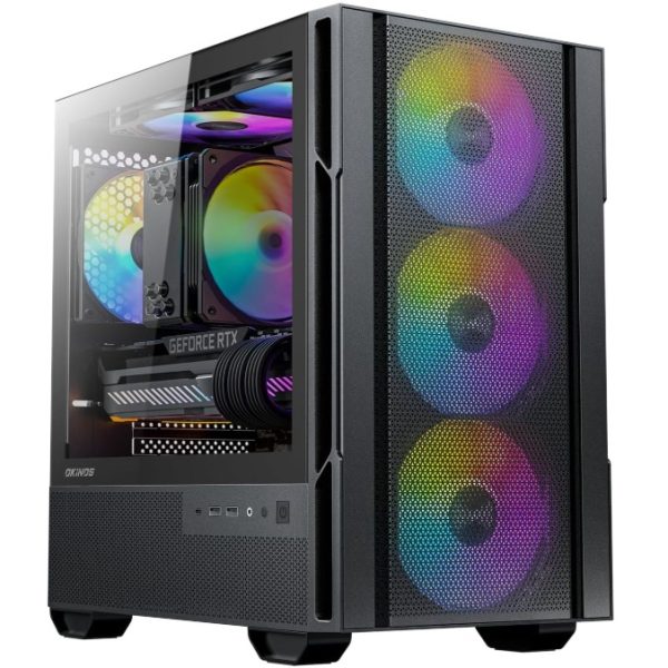 OKINOS Cypres 3 ARGB Micro ATX Case, 4 × 120mm ARGB Non-PWM Case Fans Pre-Installed, MATX PC Case, Temper Glass Side Panel, with Type-C, Black