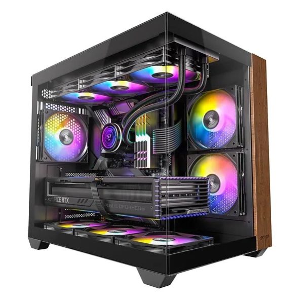 OKINOS M6 ARGB ATX Genuine Walnut Wood, Panoramic View, Type-C, 4 x120mm ARGB & PWM Fans included,Tempered Glass Side Panel, Black,  Case