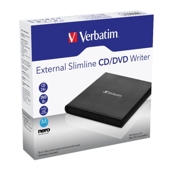 Verbatim External Slimline DVD / CD Writer, Burner, Reader, Player, Ultra Portable for Notebooks, Nero Software, USB Powered Black Mobile, Retail 2025