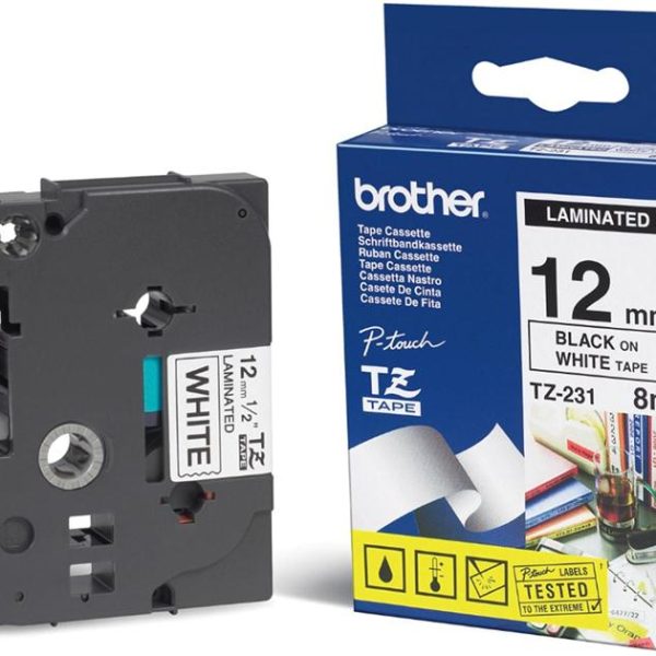 Brother 12mm Black on White TZE Tape