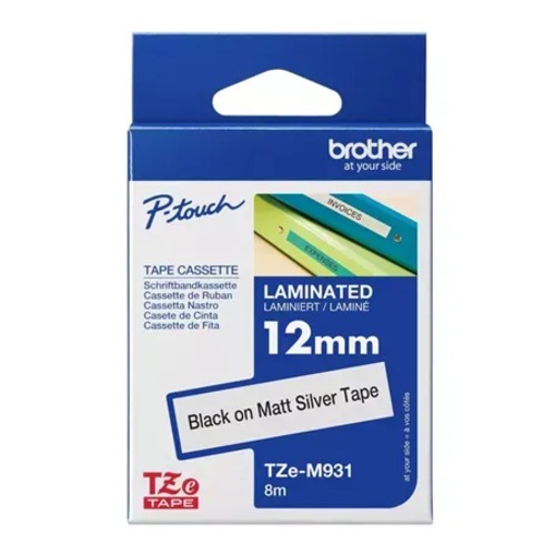 Brother 12MM BLACK ON SILVER MATT TZE TAPE