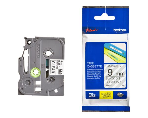 Brother TZ-121, 9MM Black Tape Black on Clear