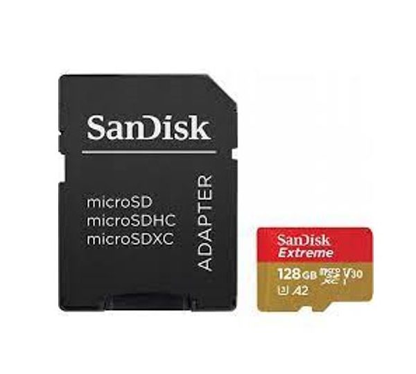 SanDisk Extreme microSDXC, SQXAA 128GB, V30, U3, C10, A2, UHS-I, 190MB/s R, 90MB/s W, 4x6, SD adaptor, Lifetime Limited, Action Cam