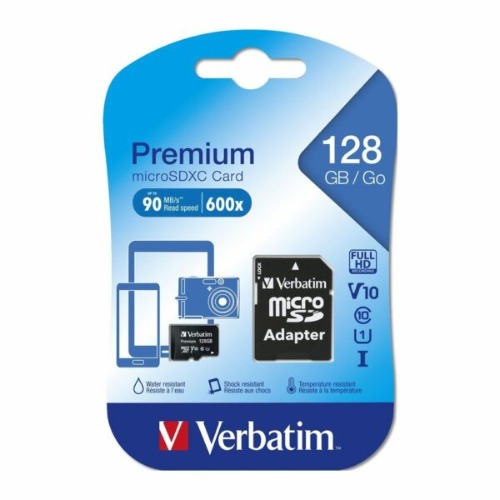 Verbatim Micro SDXC 128GB (Class 10 UHS-I) w Adaptor - 600x,  90 MB/Second, High Capacity and fast transfer. Mobile, Camera, Backup. Water Resistant