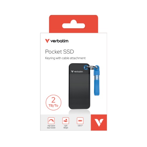 Verbatim Pocket SSD USB 3.2 Gen 2 2TB Black/Blue, Convenient keyring and cable holder keeps your cable neat and tangle-free											Verbatim Pocke