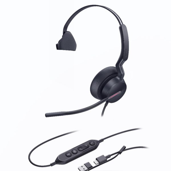 Yealink UH46 Mono Teams USB-C/A Microsoft Certified Teams USB Wired Headset 3-Noise-Canceling Microphones 35mm Speaker Busylight Leather Controller
