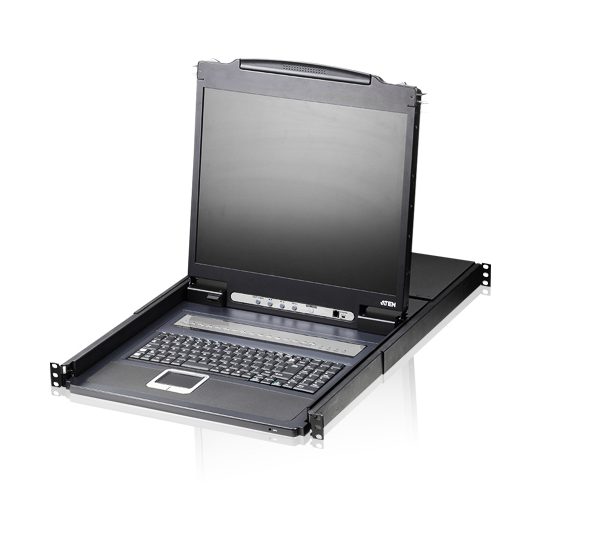 Aten Rackmount KVM Switch 8 Port VGA PS/2-USB w/ 19' LCD Display, 2x Custom KVM Cables Included, 1280x1024@75hz Display, LED Illumination