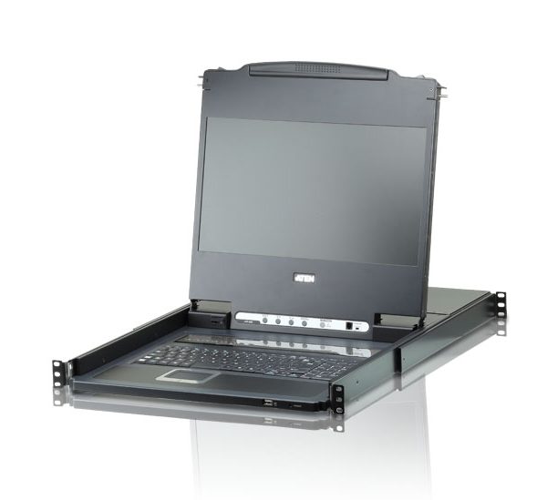 Aten Rackmount KVM Switch Single Rail 8 Port DVI USB w/ 17.3' LCD Display, 2x Custom KVM Cables, 1920x1200@60hz Display, LED Illumination