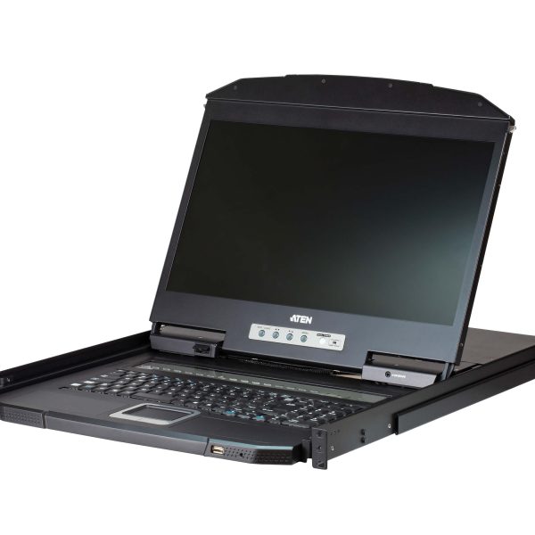 Aten Rackmount KVM Switch 8 Port VGA w/ 18.5' LCD Display, 2x Custom KVM Cables Included, 1366x768@60hz Display, Short Depth Design