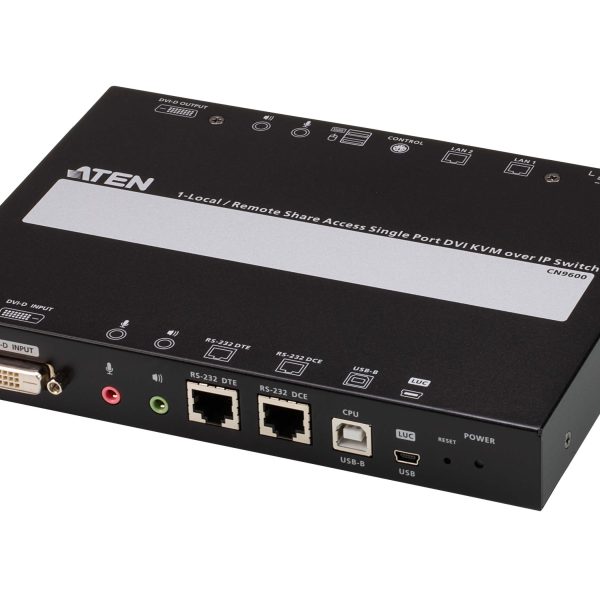 Aten Single Port DVI KVM Over IP with Audio and Virtual Media, supports up to 1920 x 1200 @ 60Hz, 1 DVI USB KVM Cable included, Dual RS232 serial port