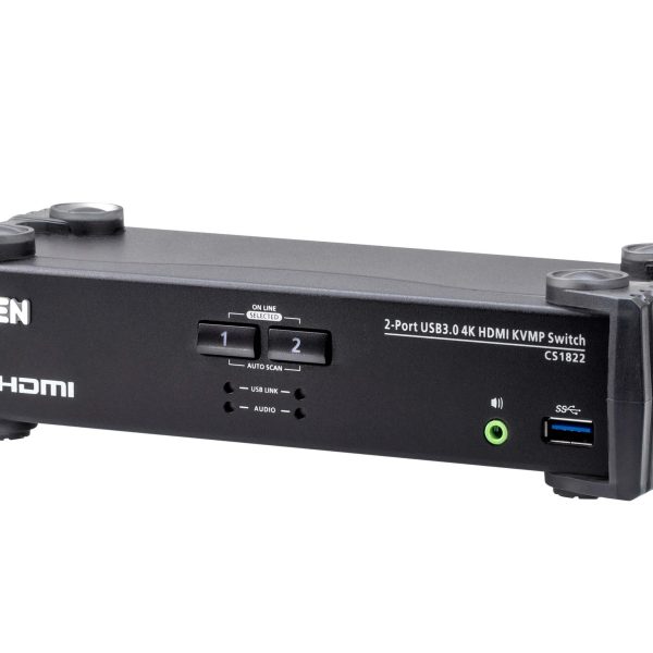 Aten Desktop KVMP Switch 2 Port Single Display 4k HDMI w/ audio mixer mode, Cables Included, Selection Via Front Panel