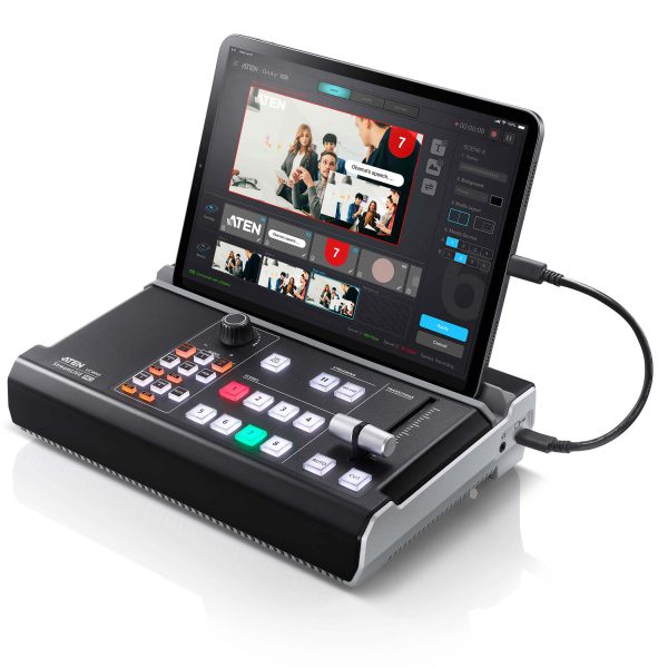 Aten UC9040 StreamLIVE™ PRO All-in-one Multi-channel AV Mixer. Preset up to 8 scenes, DVE video transition effects, a storyboard like management