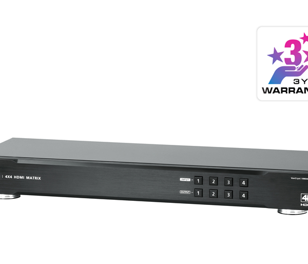 Aten Professional Matrix 4x4 HDMI Matrix, Supports 4K Resolutions tp to UHD, control via front-panel pushbuttons, IR remote and RS232