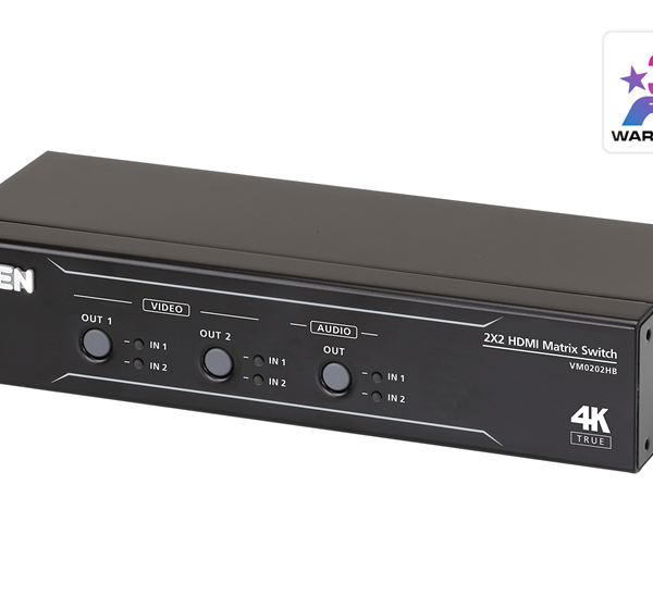 Aten VM0202HB 2x2 True 4K HDMI Matrix Switch with audio de-embedder, supports control via pushbuttons, IR remote or RS232 serial, Auto Switching