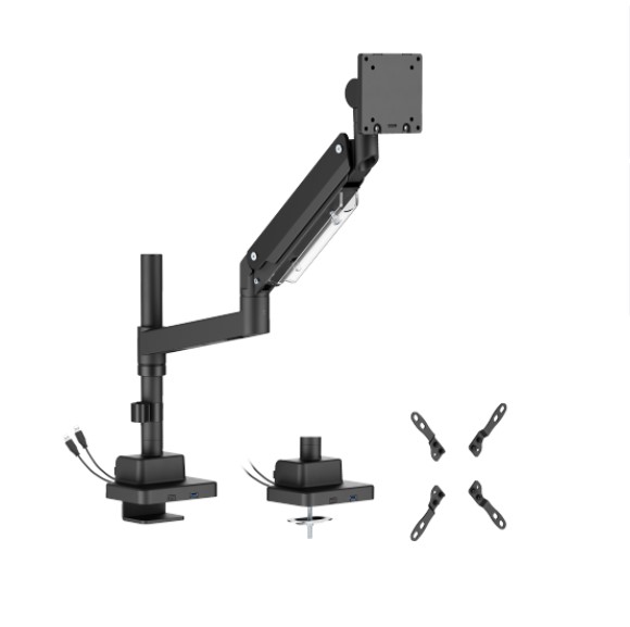 Brateck LDT80-C012UCP Super Heavy-Duty Pole-Mounted Gas Spring Monitor Arm with USB-A and USB-C Ports, Matte Black (LS)