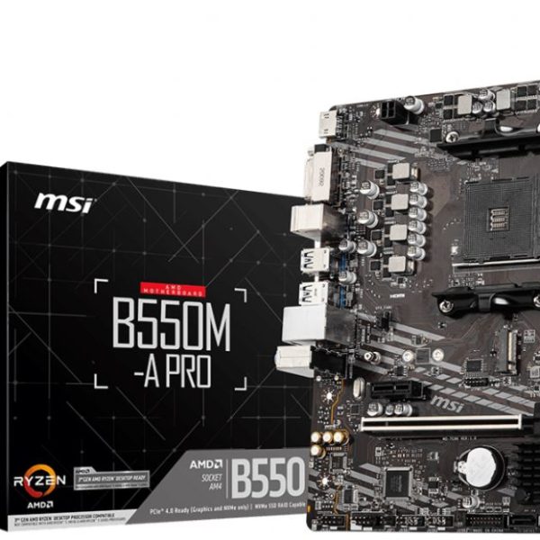 MSI B550M-A PRO Motherboard AMD Ryzen AM4, 2xDDR4, support up to 64GB, 1xPCIe 4.0/3.0 x16 slot, 2xSATA 6Gb, 6xUSB3.0, 6xUSB2.0, DVI-D, HDMI
