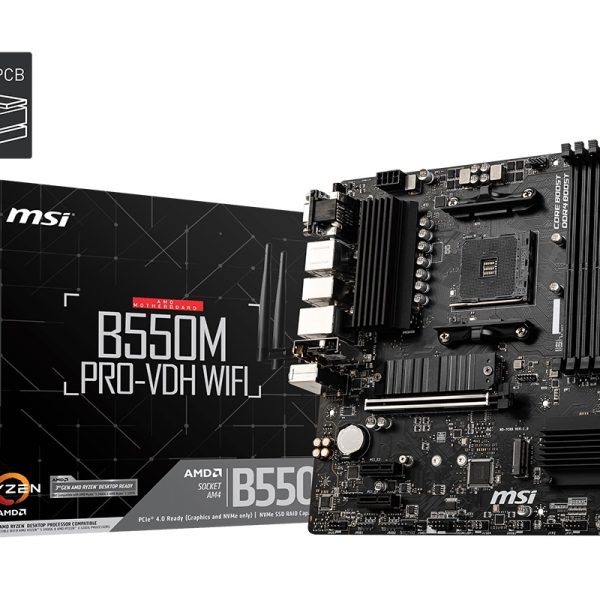 MSI B550M PRO-VDH WIFI Motherboard AMD Ryzen AM4, 4xDDR4, support up to 128GB, 1xPCIe 4.0/3.0 x16 slot, 4xSATA 6Gb, 7xUSB3.2, 6xUSB2.0, LAN, HDMI
