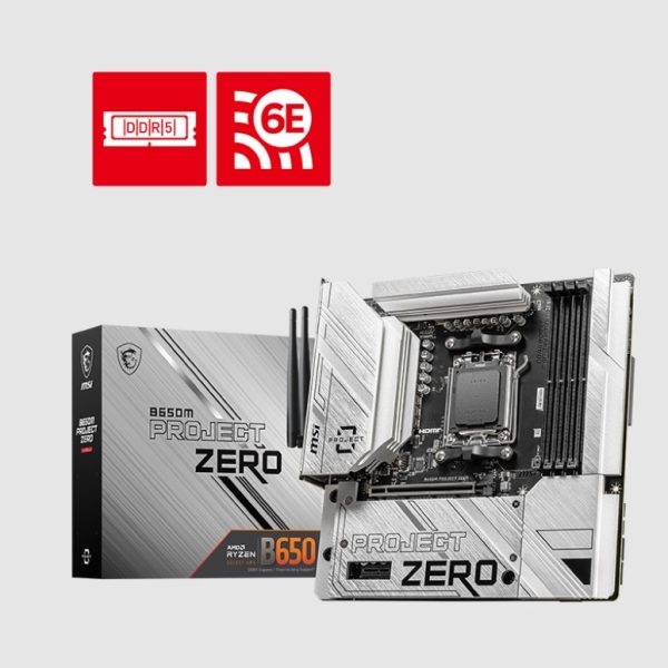 MSI B650M PROJECT ZERO Motherboard, AMD B650, 4x DDR5 128GB, 1x HDMI, 2x M.2, USB 3.2 Type A  x9