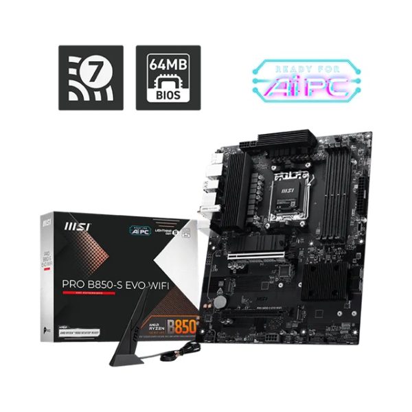 MSI PRO B850-S EVO WIFI, AMD B850, AM5, Ryzen 9000/8000/7000, 4xDDR5 256GB 8200+MT/s OC, PCIe 5.0 x16, 3xM.2, 5G LAN, Wi-Fi 7, 3yr wty
