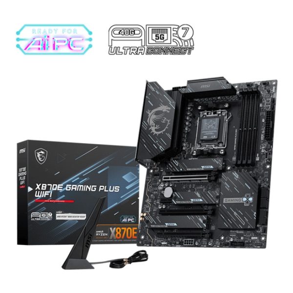 MSI X870E GAMING PLUS WIFI, AM5, Ryzen 7000-9000, X870E, DDR5-8200+, PCIe5 x16, M.2 Gen5, WiFi7, BT5.4, 5G LAN, USB4, USB20G, Audio7.1, 8CH HD Boost