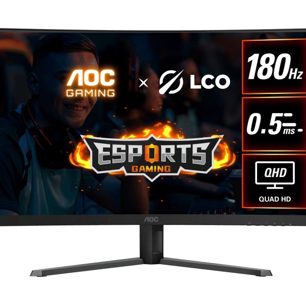 AOC 31.5' QHD Curved Monitor (CQ32G4E) – 180Hz VA, 0.5ms MPRT, 1500R curve, 121% sRGB, DP 1.4, HDMI 2.0, Delta E<2, tilt adjustable, 3500:1 contrast