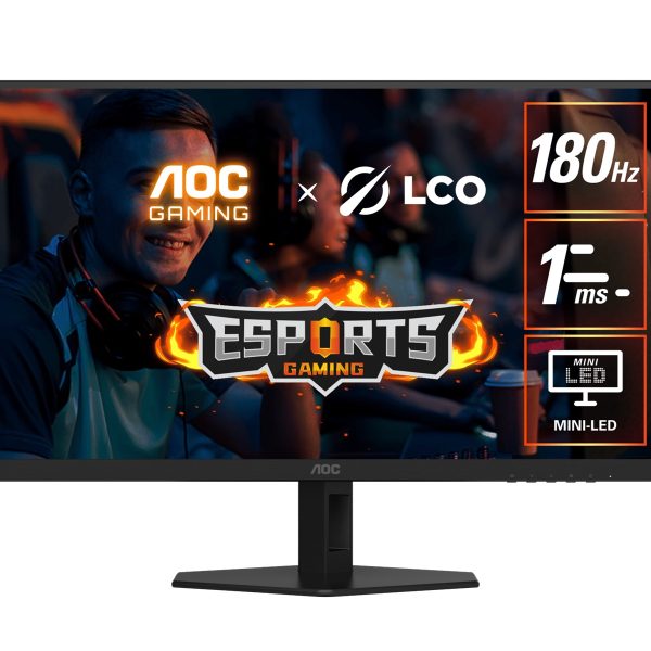 AOC 27' QD-MiniLED Monitor – QHD 180Hz, 1ms, 5000:1 contrast, 1200 nits peak HDR, Quantum Dot VA, 148% sRGB, DP 1.4, HDMI 2.0, tilt adjusable
