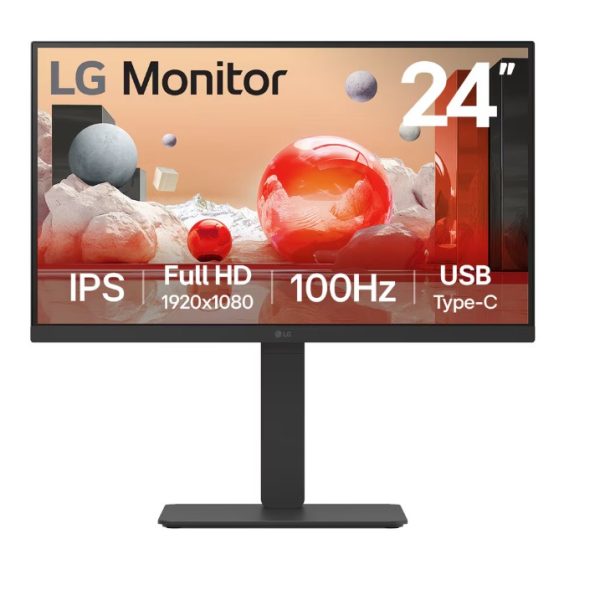 LG 24' IPS FHD 1920 x 1080, USB Type-C 65wPD, RJ45 100Hz 5ms, AMD FreeSync 16:9 Tilt/Height/Swivel/Pivot (Bi-direction) adjustable stand, 3yrs Monitor