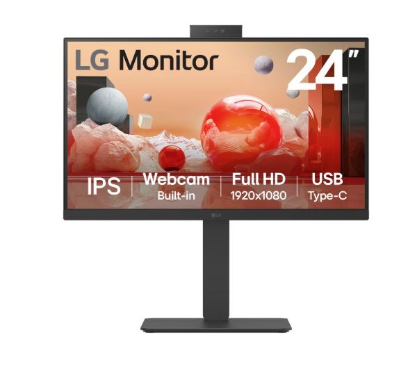 LG 24' IPS FHD Webcam, USB Type-C, RJ45 100Hz 5ms 1920 x 1080, FreeSync 16:9 Tilt/Height/Swivel/Pivot (Bi-direction) adjustable stand, 3yrs Monitor
