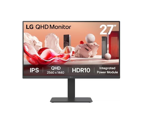 LG 27' QHD IPS Monitor, 2560x1440, HDR10, 99% sRGB, 75 Hz, integrated power, adjustable stand (tilt/height/swivel/pivot), Flicker Safe & Reader Mode