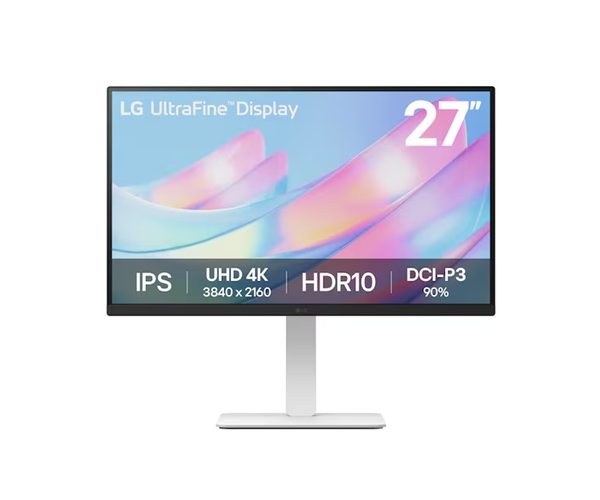 LG 27' 4K UHD UltraFine™ IPS Monitor with HDR10, DCI-P3 90%, 300 nits, 3840×2160 resolution, 5ms, 60Hz, and tilt/height/swivel/pivot stand