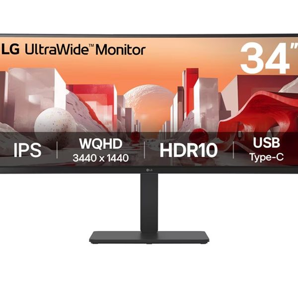 LG 34' UltraWide QHD Curved IPS Monitor with HDR10, sRGB 99%, USB-C PD 90W, RJ45, built-in speakers, and tilt/height/swivel adjustable stand