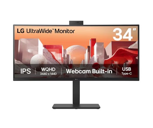 LG 34' UltraWide QHD Curved IPS Monitor with 3440x1440 resolution, sRGB 99%, HDR10, USB-C PD 90W, FHD webcam, mic, speakers & adjustable stand