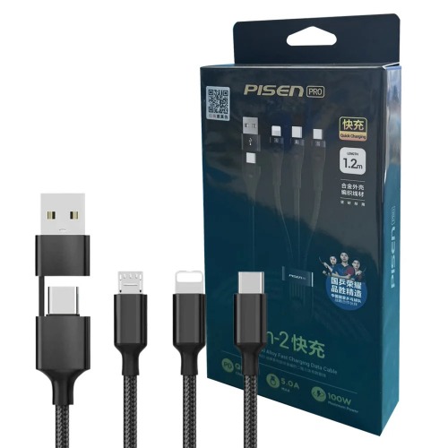 Pisen Pro 3-in-2 Multi Charging Cable (100W) (1.2M) - Black, USB-C x1(100W), Lightning x1(20W),Micro USB x1(18W), 480Mbps Data Sync,2 Years Warranty
