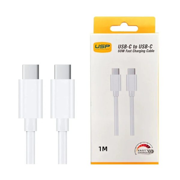 USP 60W USB-C to USB-C Mini Cable (1M) White - 3A , Fast Charge, High Performance, Samsung Galaxy,Apple iPhone,iPad,MacBook,Google, 5 Years Warranty