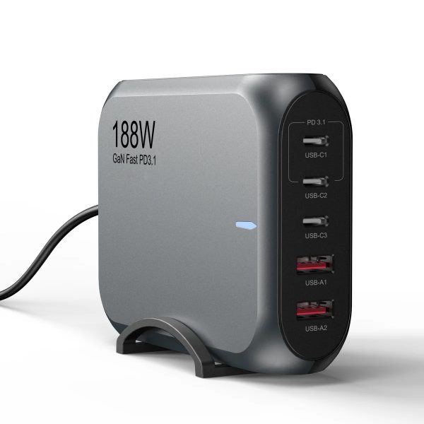 USP 188W GaN 5 Ports USB-C PD Laptop Wall Charger Black - 3x USB-C, 2x USB-A, Efficiently, High Quality, Tablet, Laptop, iPhone, 5 Years Warranty