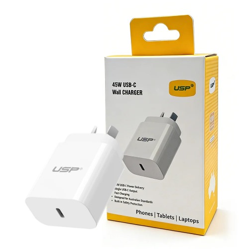 USP 45W GaN Single USB-C PD Power Adapter - White, Compact Design, Smart and Reliable, Built-in Safety Protection, 5 Years Warranty