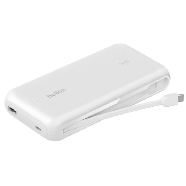 Belkin BoostCharge 20K mAh Power Bank With Integrated USB-C Cable - White (BPB024fqWH), 30W, 2xUSB-C, 1x USB-A, CEW $2,500, Apple, 2 Years Warranty