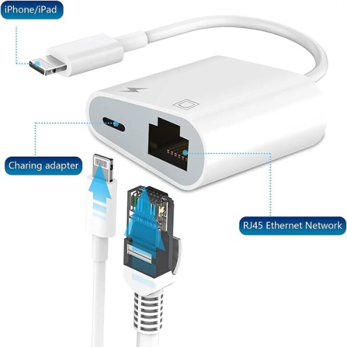 USP Lightning to Ethernet + Power Adapter for iPhone/iPad, RJ45 LAN + charging, fast stable internet, plug & play, iOS, 5 year warranty