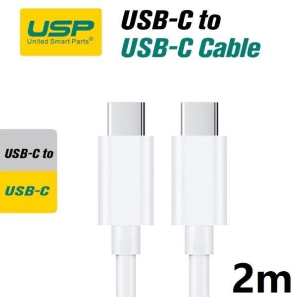 USP USB-C to USB-C Mini Cable (2M) - White, 3A (60W), Fast Charge, High Performance, Samsung Galaxy,Apple iPhone,iPad,MacBook,Google, 5 Years Warranty
