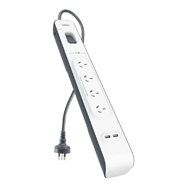 Belkin SurgePlus 4-Outlet Surge Protector With 2x USB Port 2.4 Amp (BSV401au2M) - Heavy Duty 2M Power Cord, 525 Joules, $20000 CEW,  2 Years Warranty