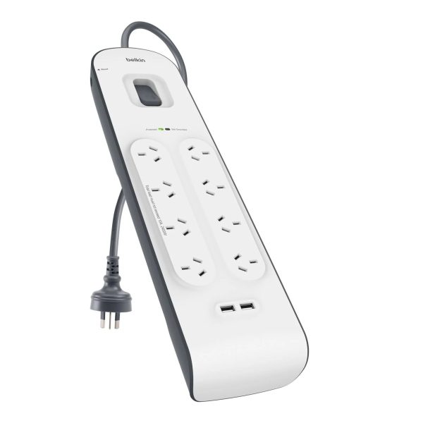 Belkin SurgePlus 8-Outlet Surge Protector With 2x USB Port 2.4 Amp (BSV804au2M) - Heavy Duty 2M Power Cord, 900 Joules, $50000 CEW,  2 Years Warranty