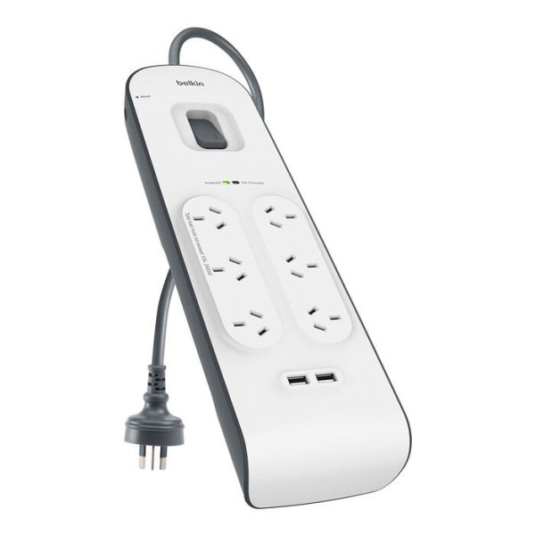 Belkin SurgePlus 6-Outlet Surge Protector With 2x USB Port 2.4 Amp (BSV604au2M) - Heavy Duty 2M Power Cord, 650 Joules, $30000 CEW,  2 Years Warranty