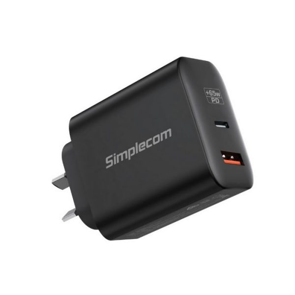 Simplecom CU265 Dual Port PD 65W GaN Fast Wall Charger USB-C + USB-A for Phone Laptop