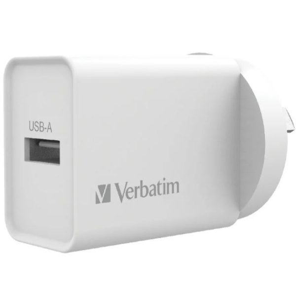 Verbatim USB Charger Single Port 2.4A - White Single Port Wall Charger Rohs, CE, Apple, Android, tablet, Handheld. OC, OV, SS, OT, Fire Resistant.
