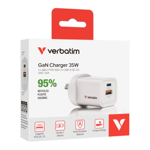 **ON SPECIAL** Verbatim 3 Port 65 Watt Portable GaN charger, 2 x USB-C PD 65w, 1x USB-A QC 3.0, GNC-65A Compact Design Apple, Android, Samsung, Google