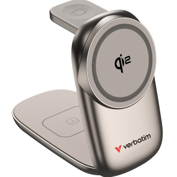 Verbatim 3 in 1 Wireless Docking Qi2 Certified, Magnetic Wireless Charging. 2.5W/5W/15W