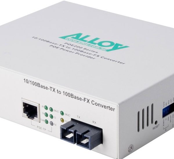 Alloy POE200SC PoE PSE Fast Ethernet Media Converter, has a 10/100Mbps PoE RJ-45 port and a SC terminated multimode fibre port