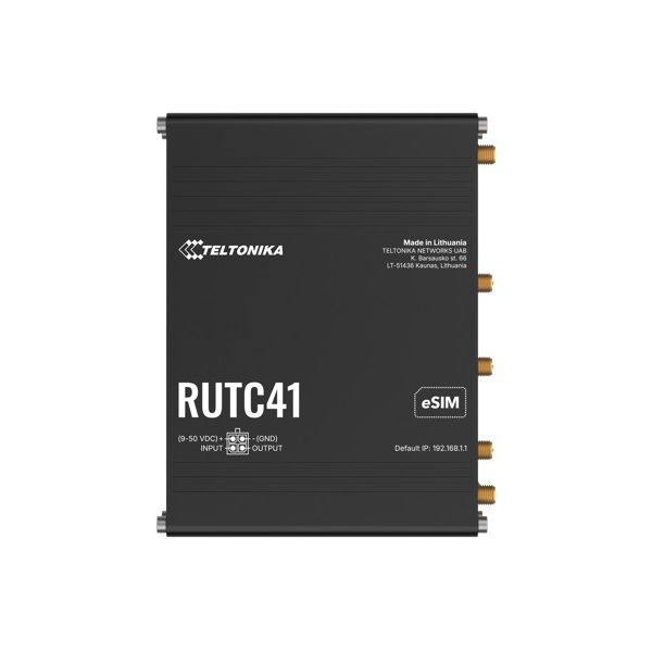 Teltonika RUTC41 4G EDGE ROUTER, Dual-core, Dual-band Wi-Fi 6, 1 GB RAM, and 8 GB flash memory, eSIM, PSU included.