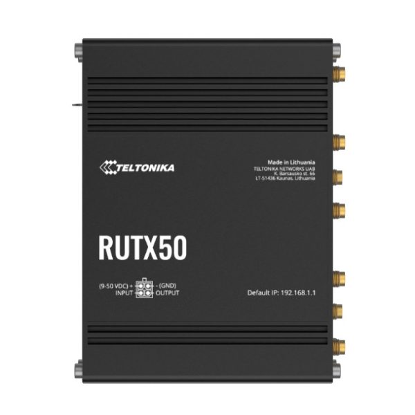 Teltonika RUTX50 Industrial 5G Router, 5G dual SIM cellular, 5x Gigabit Ethernet ports, dual-band WI-Fi, PSU included